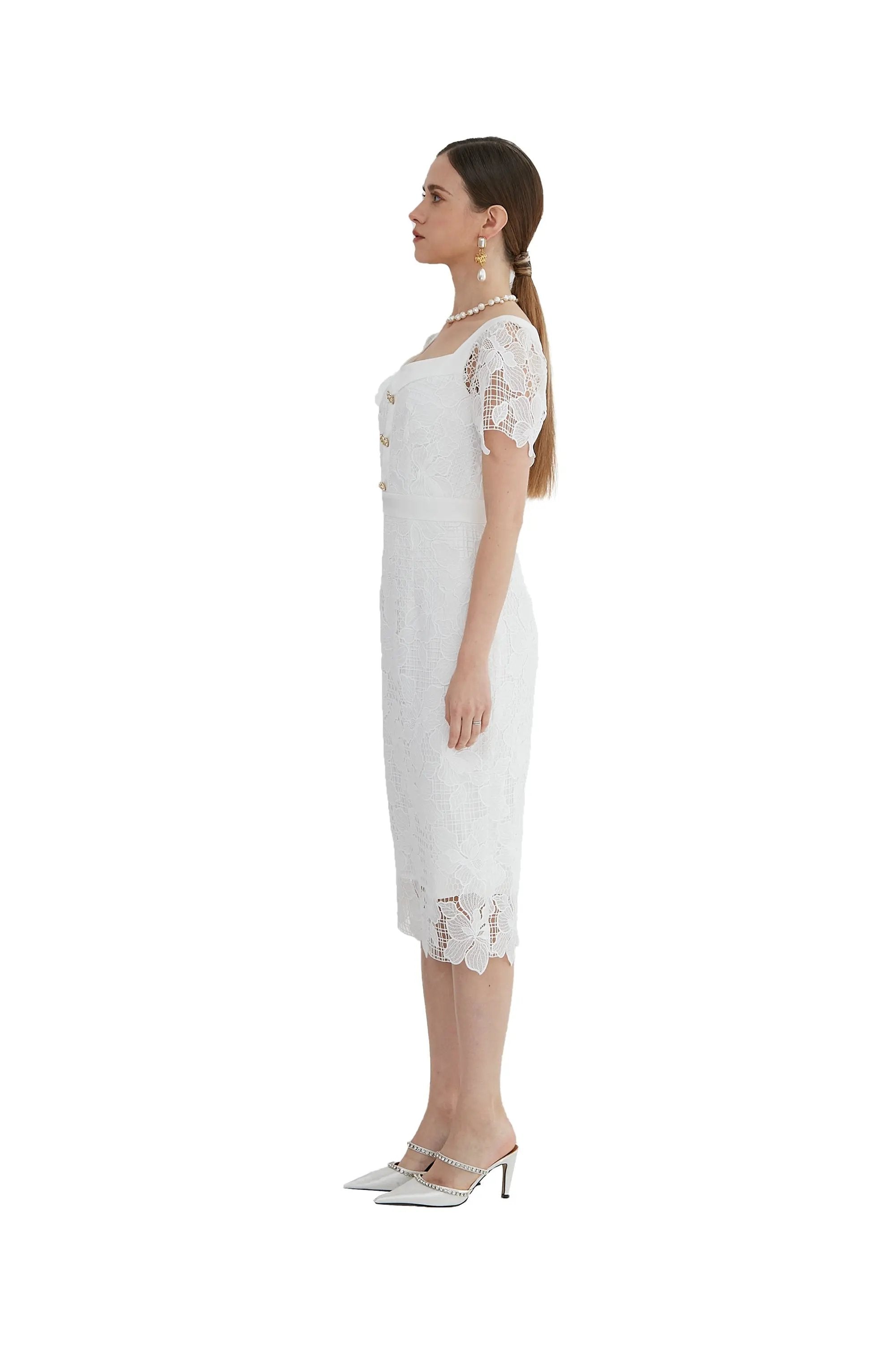 Ladies' Elegant Summer Temperament Square Collar Lace Waist Skirt ULA